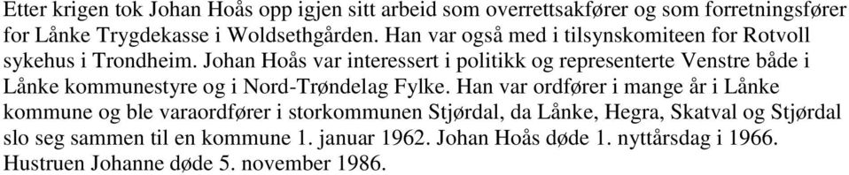 Johan Hoås var interessert i politikk og representerte Venstre både i Lånke kommunestyre og i Nord-Trøndelag Fylke.
