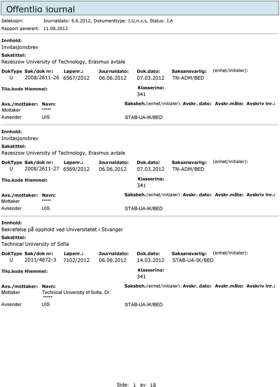 2012 TN-ADM/BED 341 TAB-A-K/BED nvitasjonsbrev Rezeszow niversity of Technology, Erasmus avtale 2008/2611-27 6569/2012 07.03.