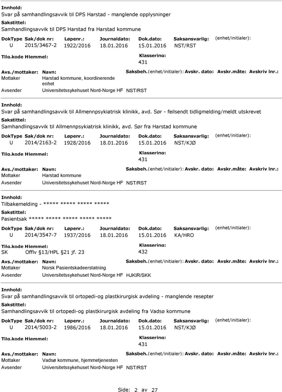 Sør - feilsendt tidligmelding/meldt utskrevet Samhandlingsavvik til Allmennpsykiatrisk klinikk, avd. Sør fra Harstad kommune 2014/2163-2 1928/2016 NST/KJØ 431 Avs./mottaker: Navn: Saksbeh. Avskr.