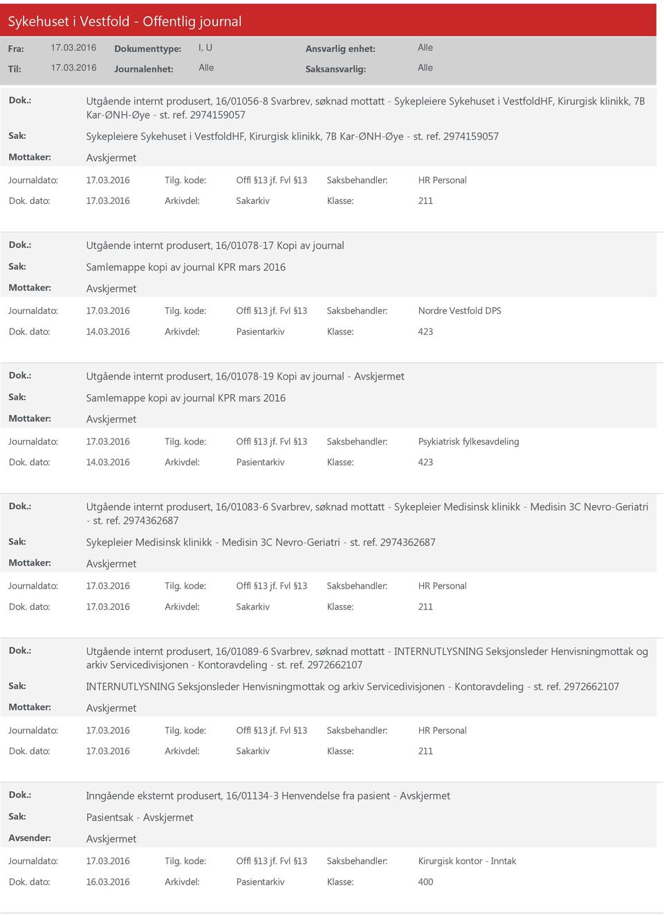 dato: Arkivdel: Sakarkiv Utgående internt produsert, 16/01078-17 Kopi av journal Samlemappe kopi av journal KPR mars 2016 Nordre Vestfold DPS Dok. dato: 14.03.