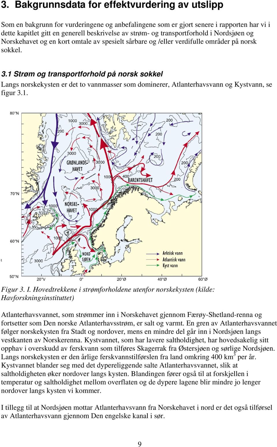 1 Strøm og transportforhold på norsk sokkel Langs norskekysten er det to vannmasser som dominerer, Atlanterhavsvann og Kystvann, se figur 3.1. Figur 3. I.