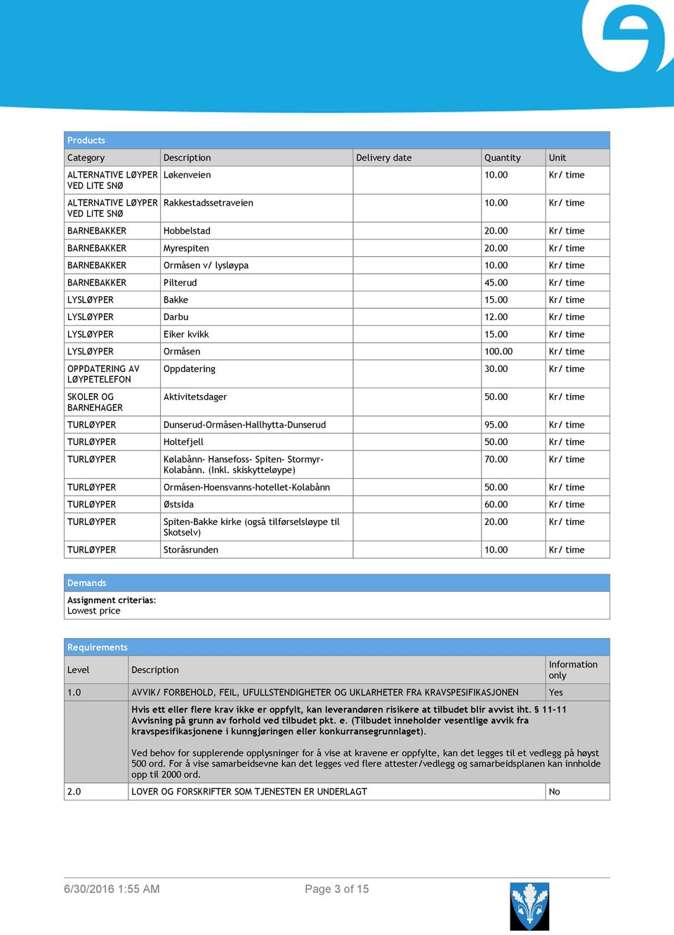 00 Kr/ time LYSLØYPER Darbu 12.00 Kr/ time LYSLØYPER Eiker kvikk 15.00 Kr/ time LYSLØYPER Ormåsen 100.00 Kr/ time OPPDATERING AV LØYPETELEFON SKOLER OG BARNEHAGER Oppdatering 30.