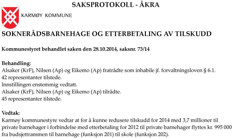 Innstillingen enstemmig vedtatt. Alsaker (KrF), Nilsen (Ap) og Eikemo (Ap) tilrådte. 45 representanter tilstede.
