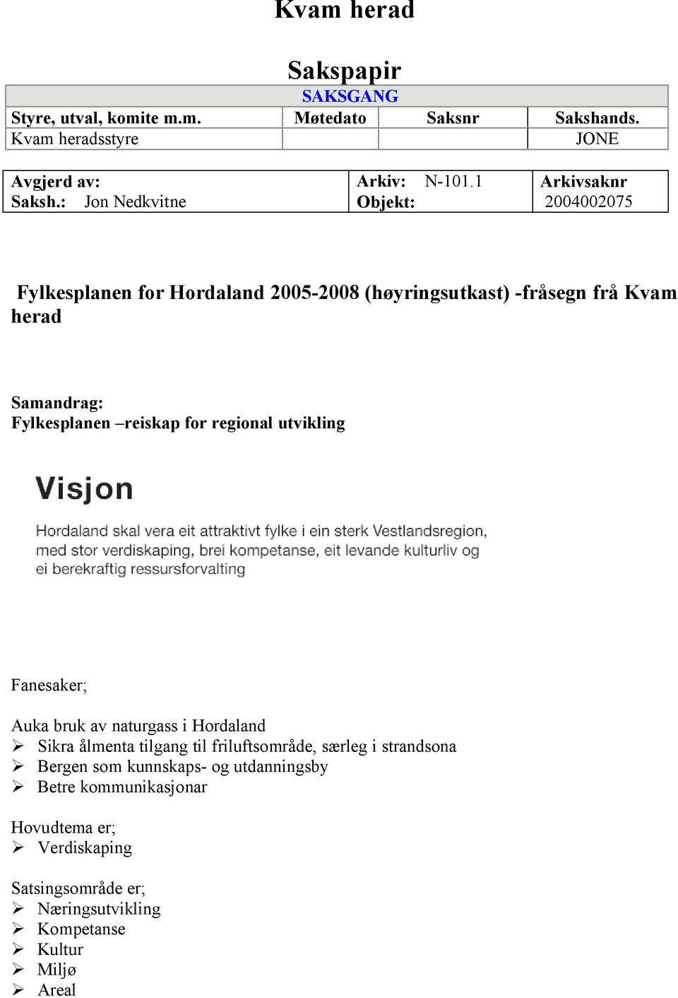 1 Arkivsaknr 2004002075 Fylkesplanen for Hordaland 2005-2008 (høyringsutkast) -fråsegn frå Kvam herad Samandrag: Fylkesplanen reiskap for