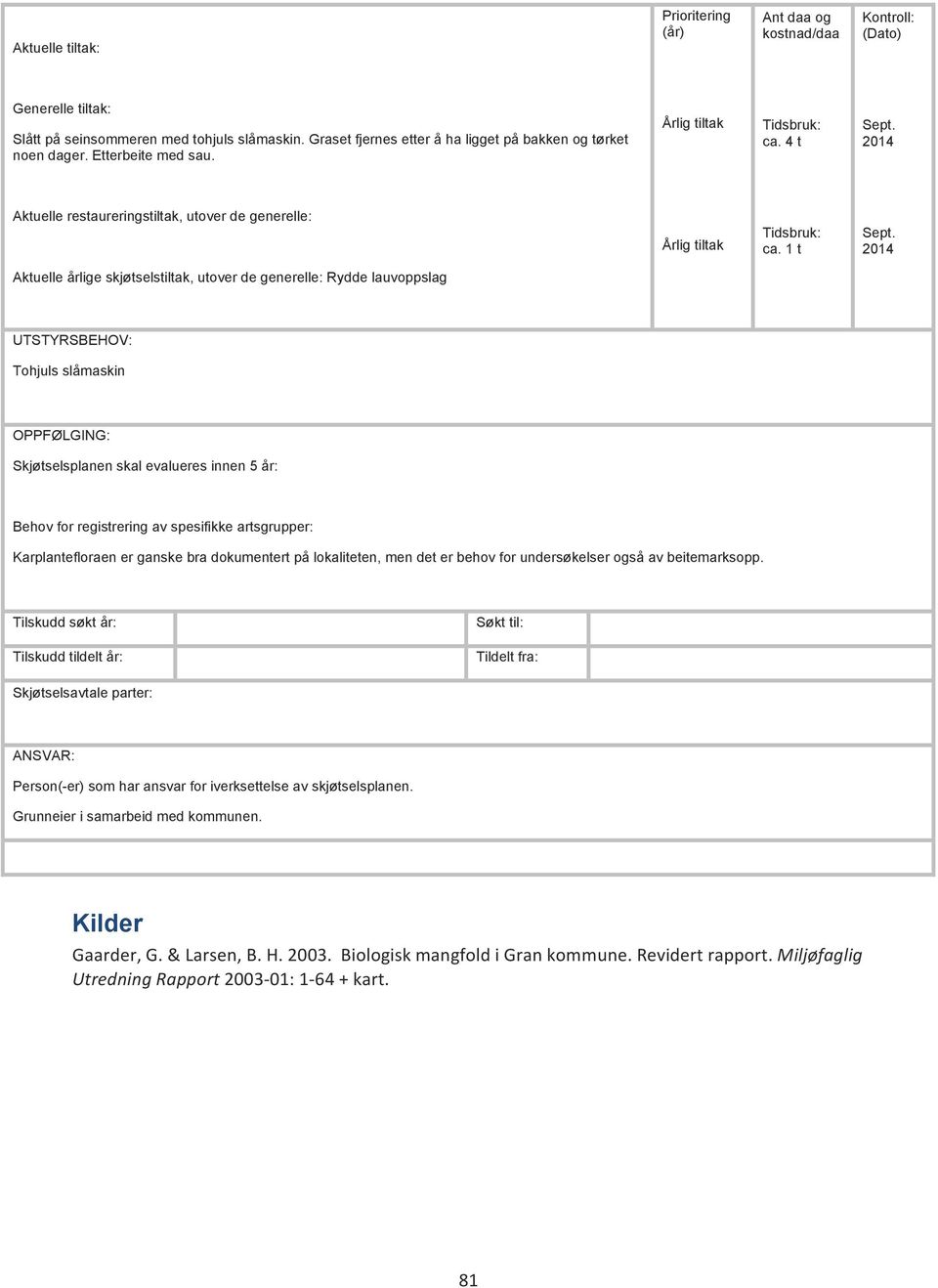 2014 Aktuelle restaureringstiltak, utover de generelle: Årlig tiltak Tidsbruk: ca. 1 t Sept.