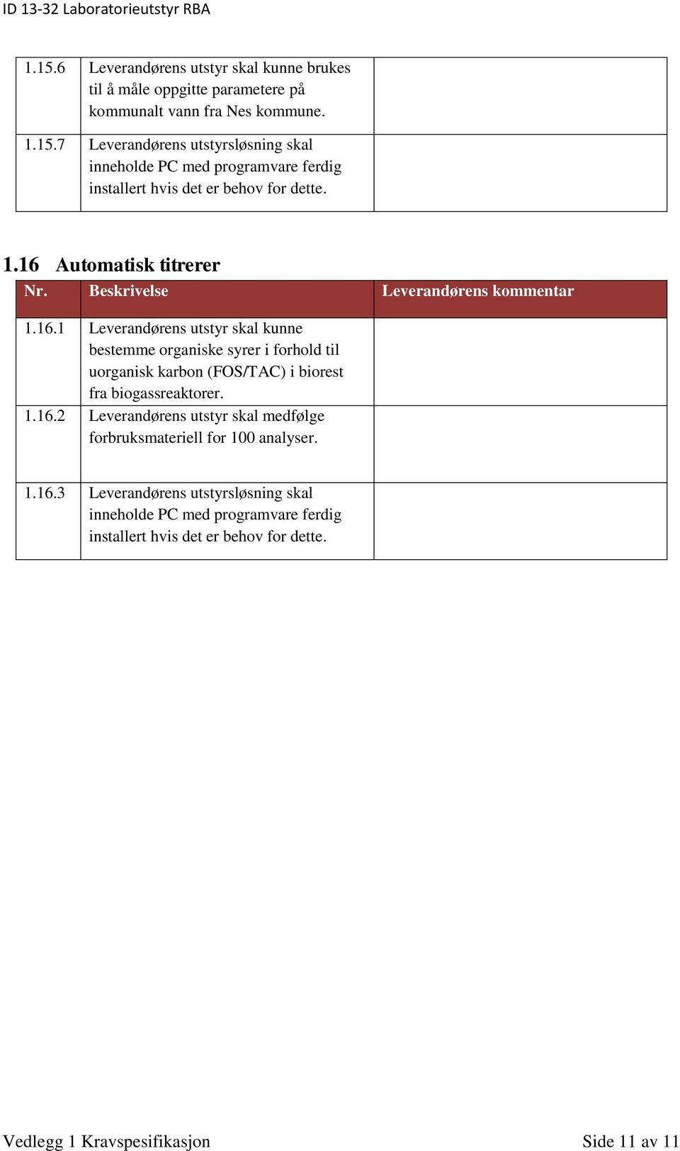 (FOS/TAC) i biorest fra biogassreaktorer. 1.16.2 Leverandørens utstyr skal medfølge forbruksmateriell for 100 analyser.