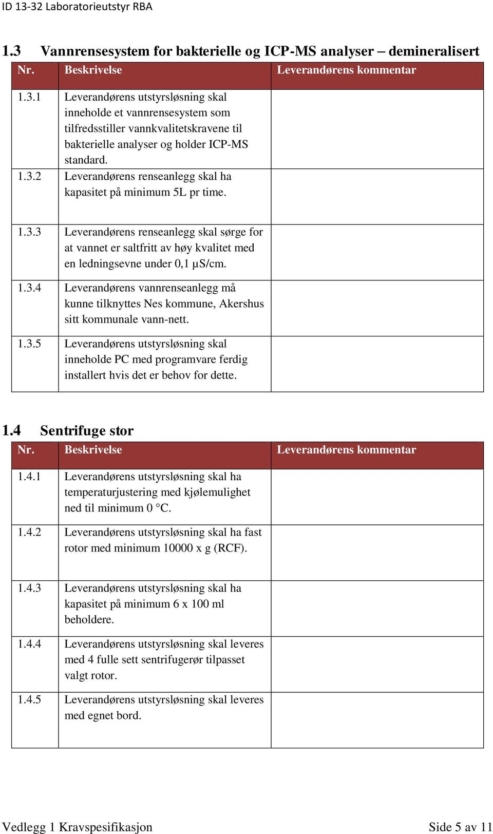 1.3.5 Leverandørens utstyrsløsning skal 1.4 Sentrifuge stor 1.4.1 Leverandørens utstyrsløsning skal ha temperaturjustering med kjølemulighet ned til minimum 0 C. 1.4.2 Leverandørens utstyrsløsning skal ha fast rotor med minimum 10000 x g (RCF).