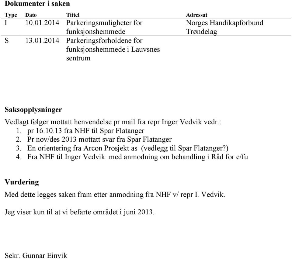 Vedlagt følger mottatt henvendelse pr mail fra repr Inger Vedvik vedr.: 1. pr 16.10.13 fra NHF til Spar Flatanger 2. Pr nov/des 2013 mottatt svar fra Spar Flatanger 3.