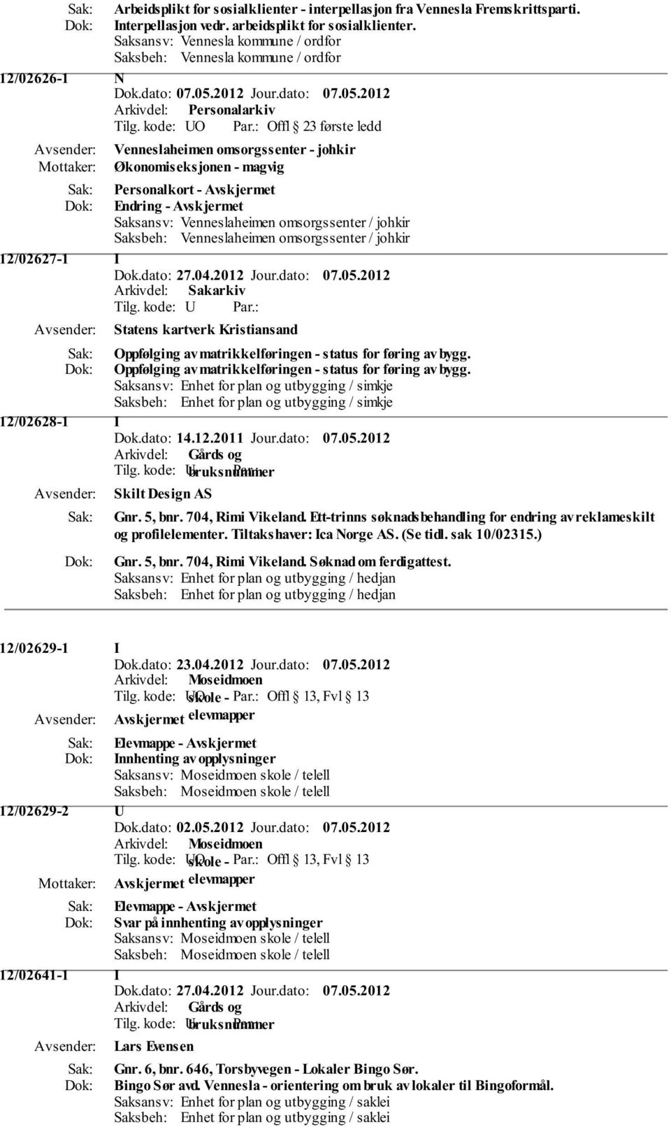 omsorgssenter / johkir Saksbeh: Venneslaheimen omsorgssenter / johkir 12/02627-1 I Dok.dato: 27.04.2012 Jour.dato: 07.05.