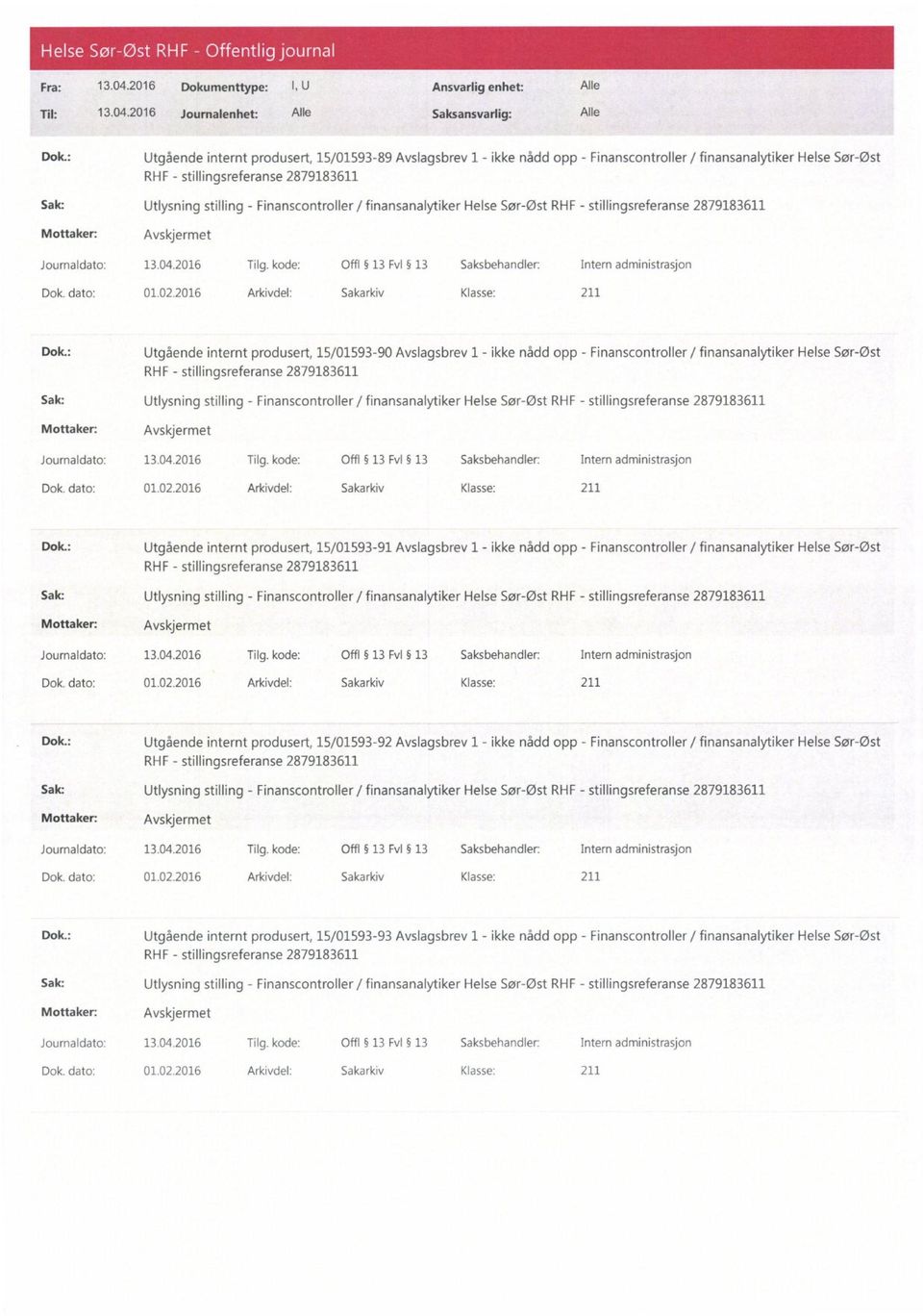 : Utgående internt produsert, 15/01593-90 Avslagsbrev 1 - ikke nådd opp - Finanscontroller / finansanalytiker Helse Sør-Øst RHF - Dok.