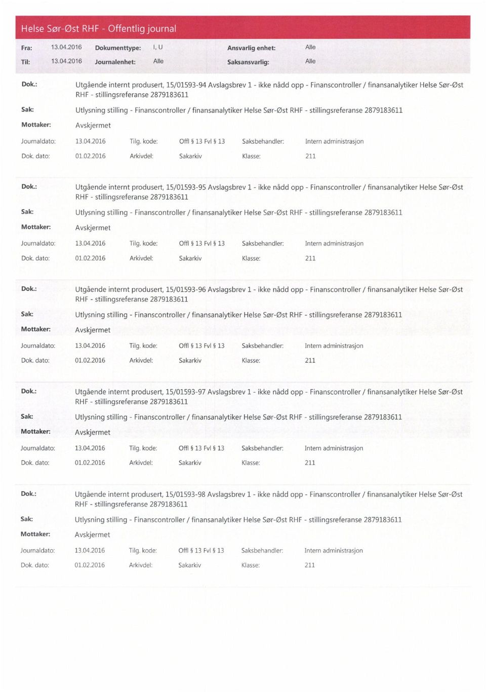 : Utgående internt produsert, 15/01593-95 Avslagsbrev 1 - ikke nådd opp - Finanscontroller / finansanalytiker Helse Sør-Øst RHF - Dok.