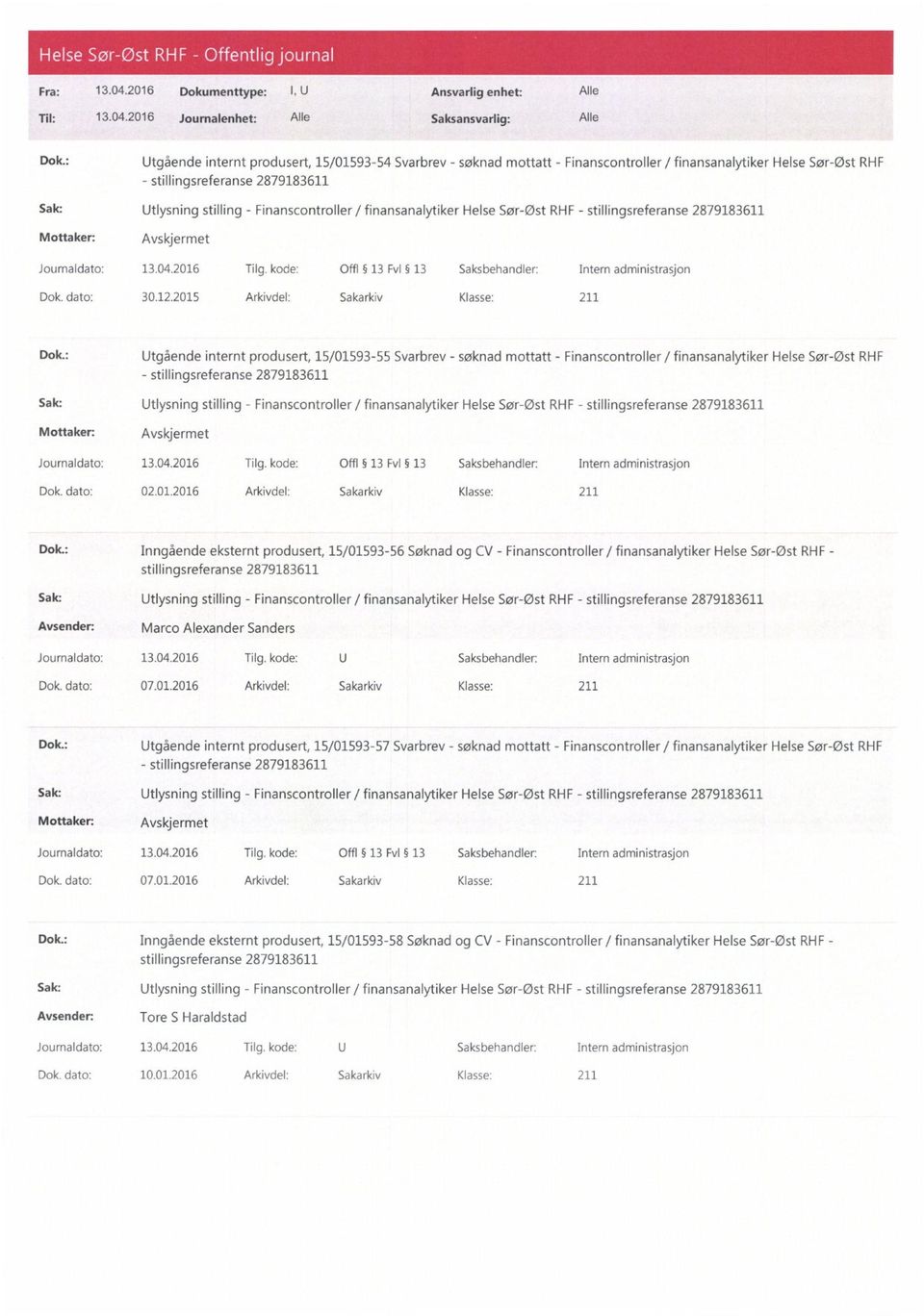 RHF - Dok. dato: 30.12.2015 Arkivdel: Sakarkiv Klasse: 211 Dok.: Utgående internt produsert, 15/01593-55 Svarbrev - søknad mottatt - Finanscontroller / finansanalytiker Helse Sør-Øst RHF Dok.