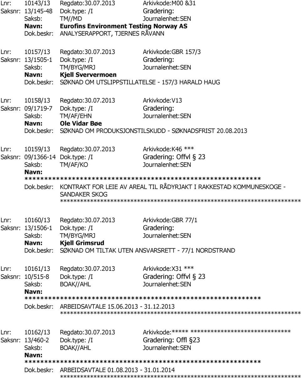 type: /I Gradering: Saksb: TM/AF/EHN Journalenhet:SEN Ole Vidar Bøe Dok.beskr: SØKNAD OM PRODUKSJONSTILSKUDD - SØKNADSFRIST 20.08.2013 ************ Lnr: 10159/13 Regdato:30.07.