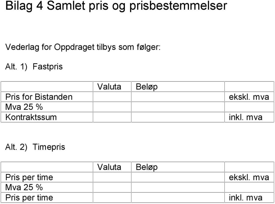 1) Fastpris Pris for Bistanden Mva 25 % Kontraktssum Valuta Beløp