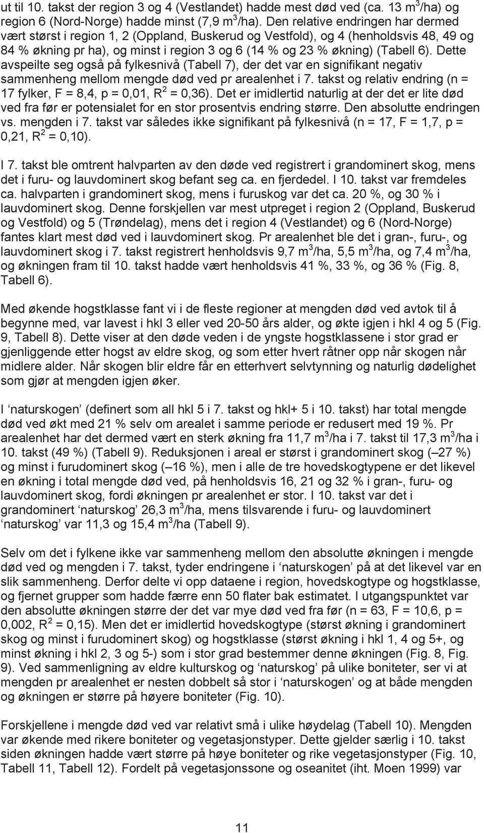 Dette avspeilte seg også på fylkesnivå (Tabell 7), der det var en signifikant negativ sammenheng mellom mengde død ved pr arealenhet i 7.