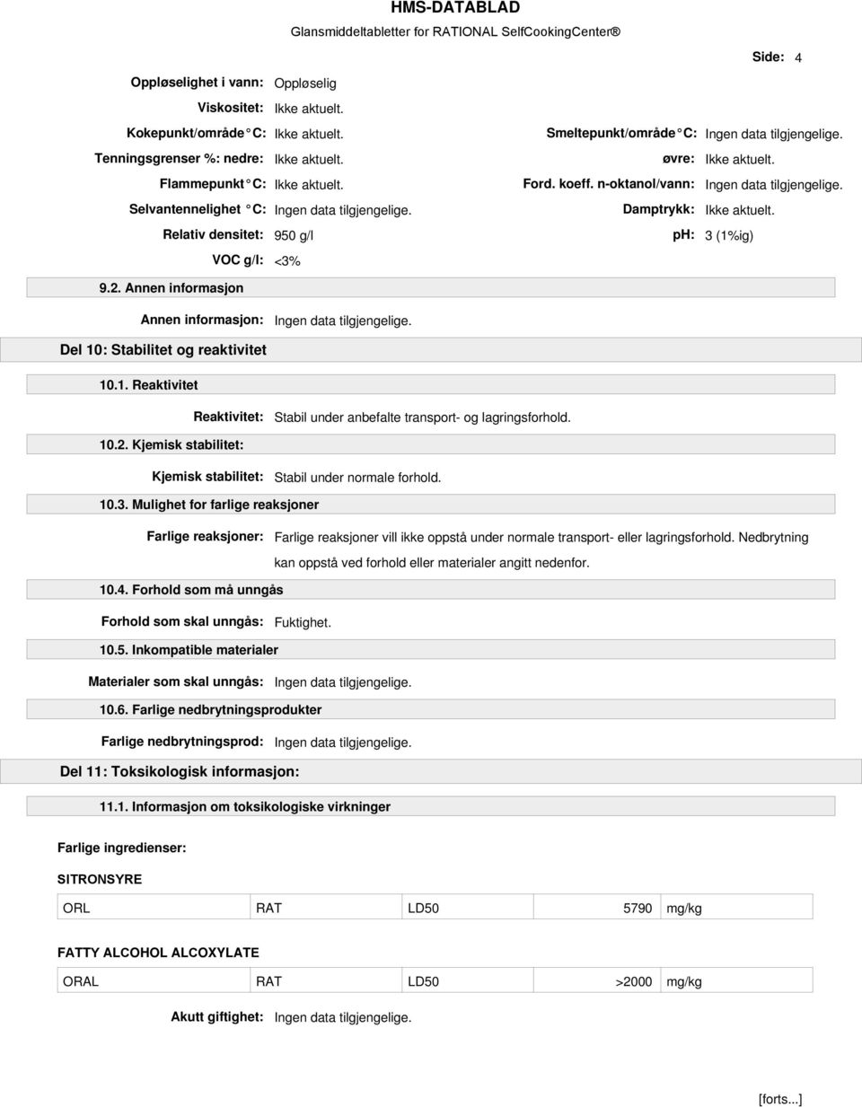 10.2. Kjemisk stabilitet: Kjemisk stabilitet: Stabil under normale forhold. 10.3.