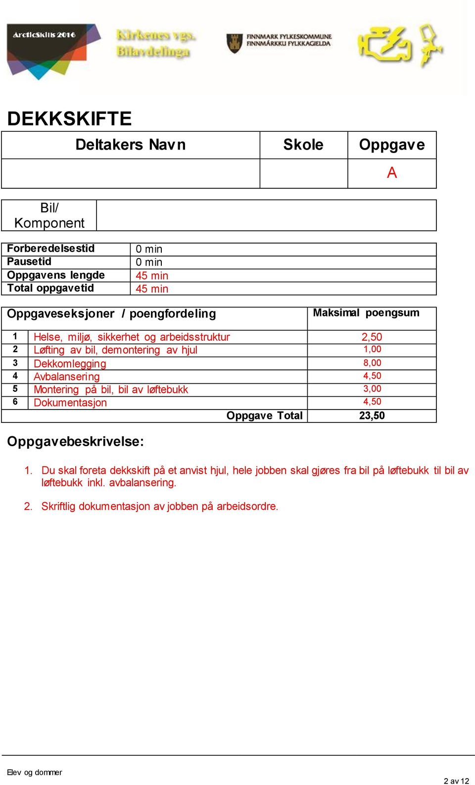 5 Montering på bil, bil av løftebukk 3,00 6 Dokumentasjon 4,50 Oppgave Total 23,50 Oppgavebeskrivelse: 1.