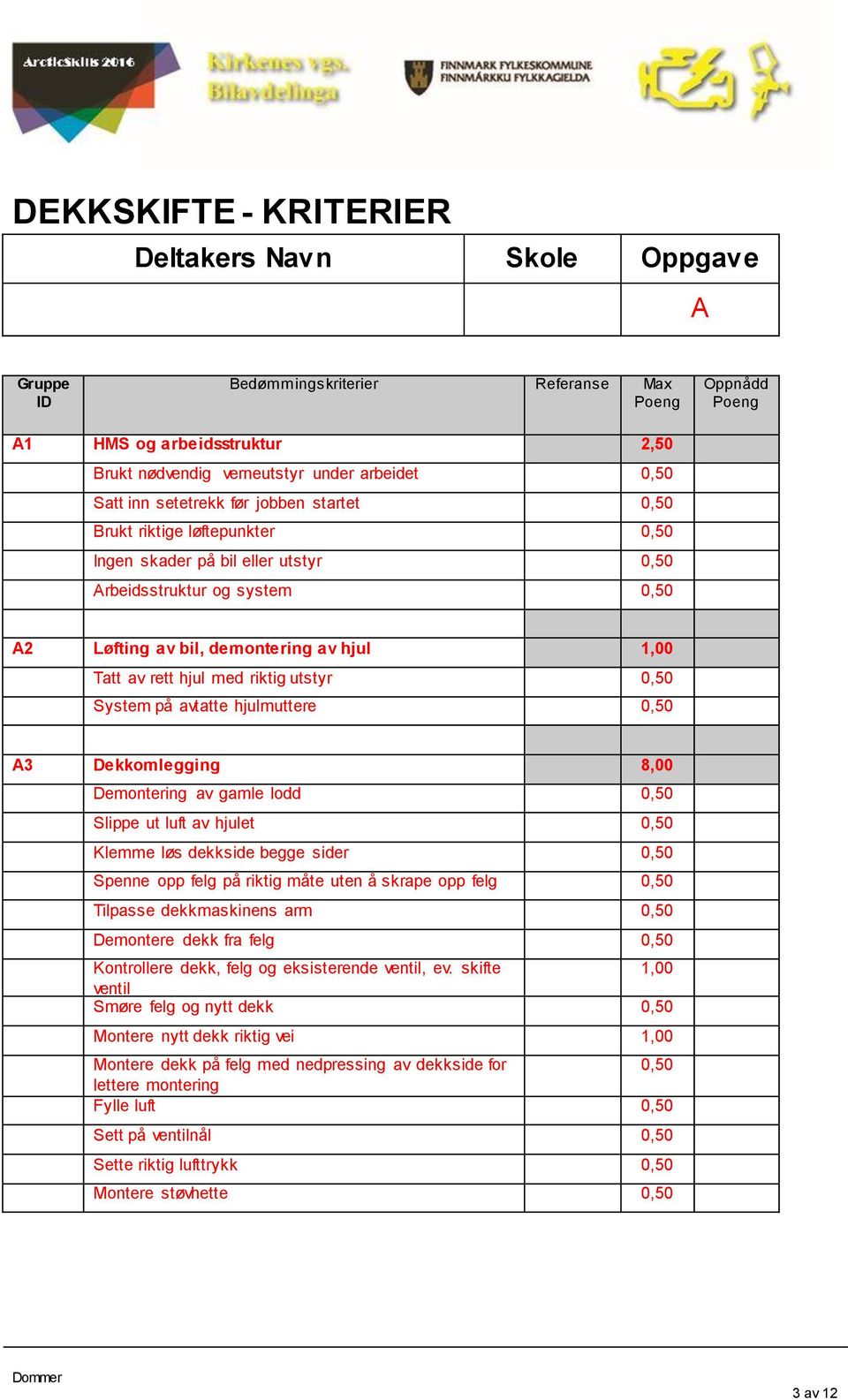 System på avtatte hjulmuttere 0,50 A3 Dekkomlegging 8,00 Demontering av gamle lodd 0,50 Slippe ut luft av hjulet 0,50 Klemme løs dekkside begge sider 0,50 Spenne opp felg på riktig måte uten å skrape