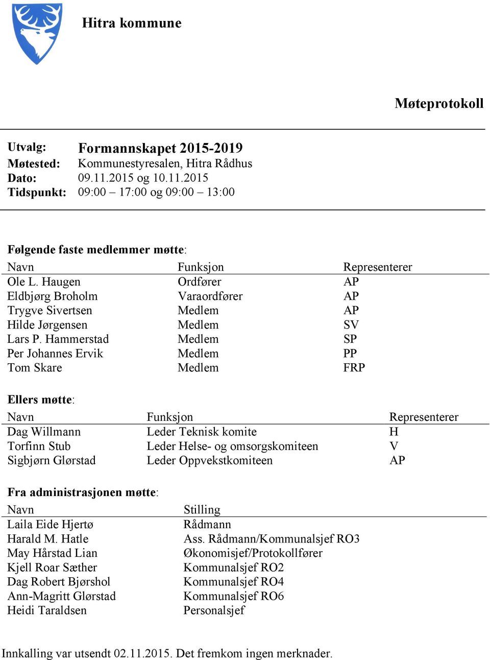 Haugen Ordfører AP Eldbjørg Broholm Varaordfører AP Trygve Sivertsen Medlem AP Hilde Jørgensen Medlem SV Lars P.