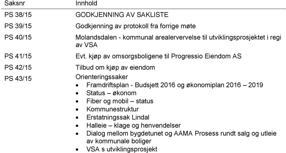 kjøp av omsorgsboligene til Progressio Eiendom AS Tilbud om kjøp av eiendom Orienteringssaker Framdriftsplan - Budsjett 2016 og økonomiplan 2016