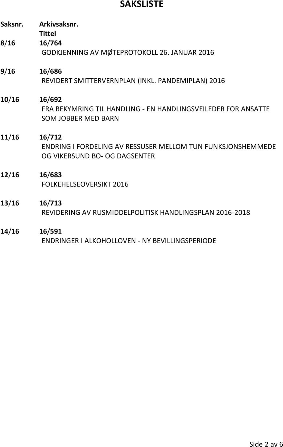 PANDEMIPLAN) 2016 10/16 16/692 FRA BEKYMRING TIL HANDLING - EN HANDLINGSVEILEDER FOR ANSATTE SOM JOBBER MED BARN 11/16 16/712 ENDRING