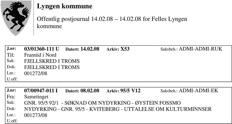 : 001272/08 J.nr: 07/00947-011 I Datert: 08.02.08 Arkiv: 95/5 V12 Saksbeh.