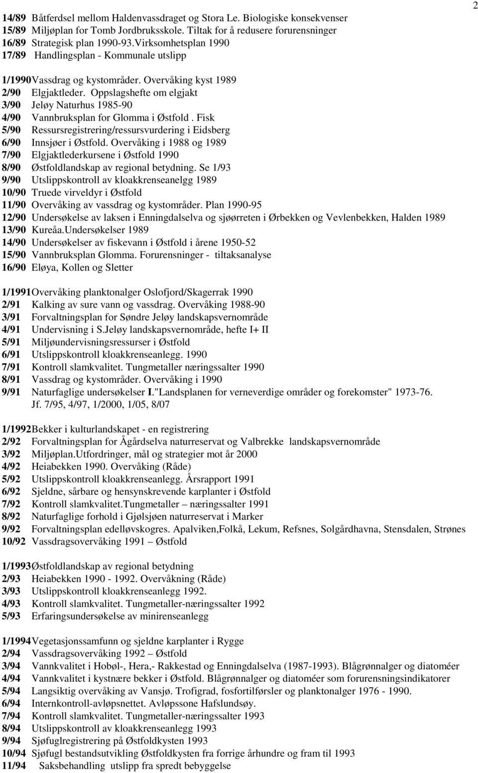 Oppslagshefte om elgjakt 3/90 Jeløy Naturhus 1985-90 4/90 Vannbruksplan for Glomma i Østfold. Fisk 5/90 Ressursregistrering/ressursvurdering i Eidsberg 6/90 Innsjøer i Østfold.