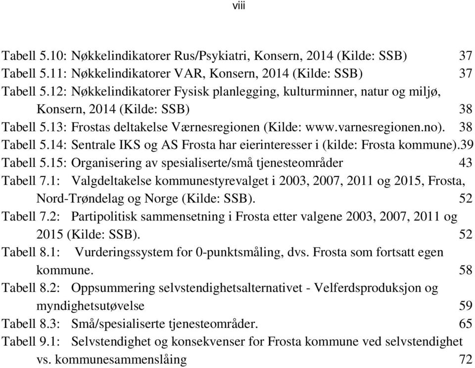 39 Tabell 5.15: Organisering av spesialiserte/små tjenesteområder 43 Tabell 7.1: Valgdeltakelse kommunestyrevalget i 2003, 2007, 2011 og 2015, Frosta, Nord-Trøndelag og Norge (Kilde: SSB).