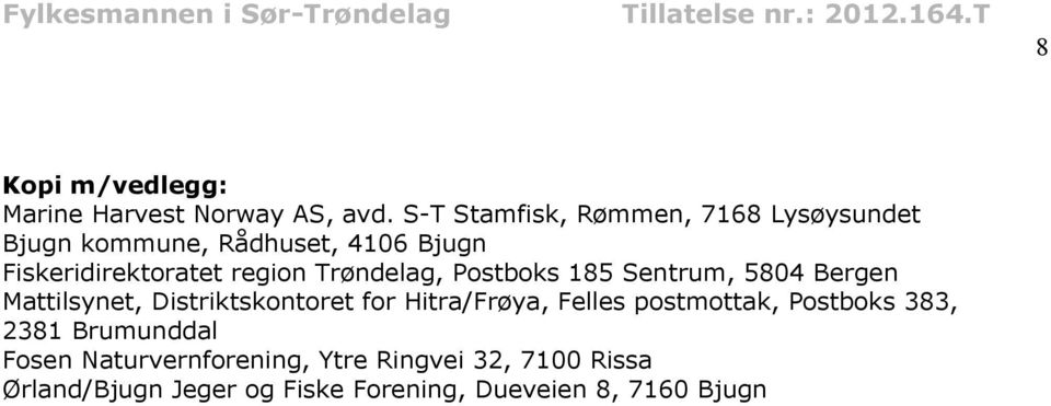 Trøndelag, Postboks 185 Sentrum, 5804 Bergen Mattilsynet, Distriktskontoret for Hitra/Frøya, Felles