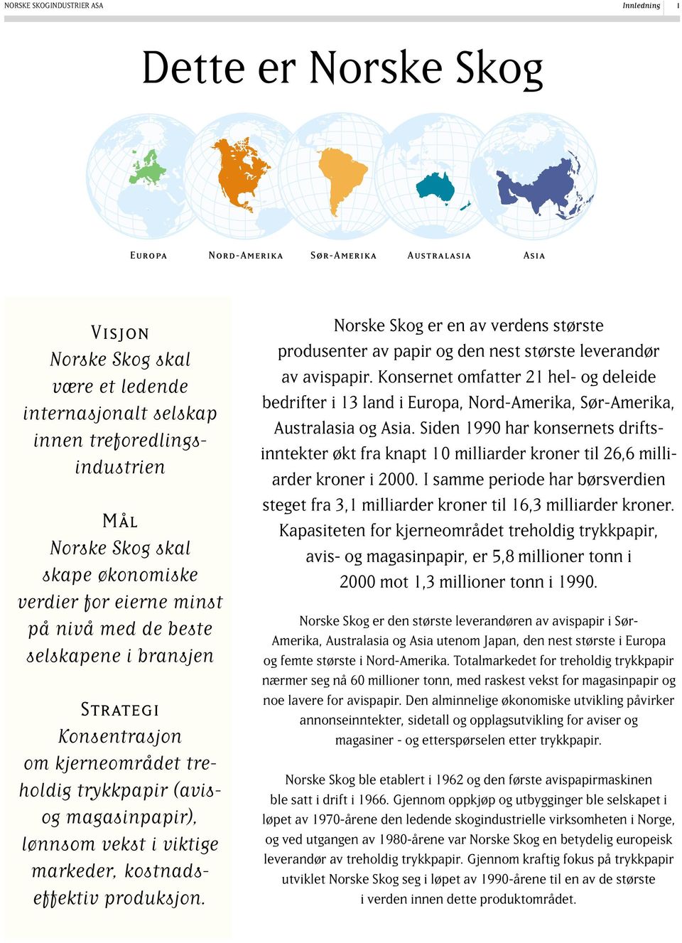 magasinpapir), lønnsom vekst i viktige markeder, kostnadseffektiv produksjon. Norske Skog er en av verdens største produsenter av papir og den nest største leverandør av avispapir.