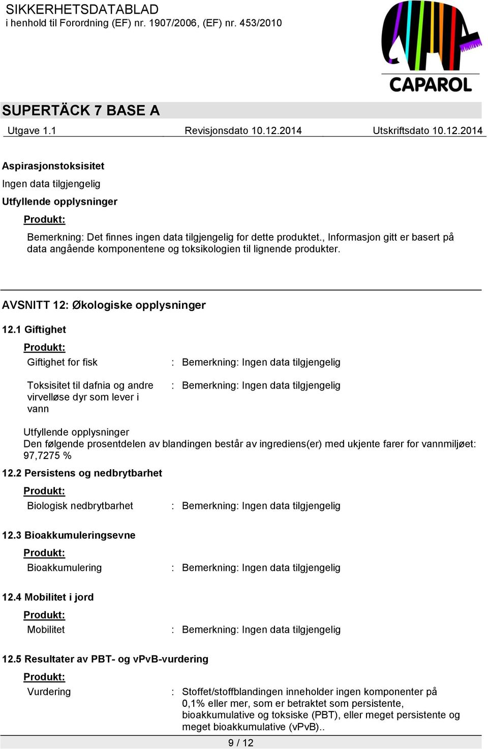 1 Giftighet Giftighet for fisk Toksisitet til dafnia og andre virvelløse dyr som lever i vann : Bemerkning: : Bemerkning: Utfyllende opplysninger Den følgende prosentdelen av blandingen består av