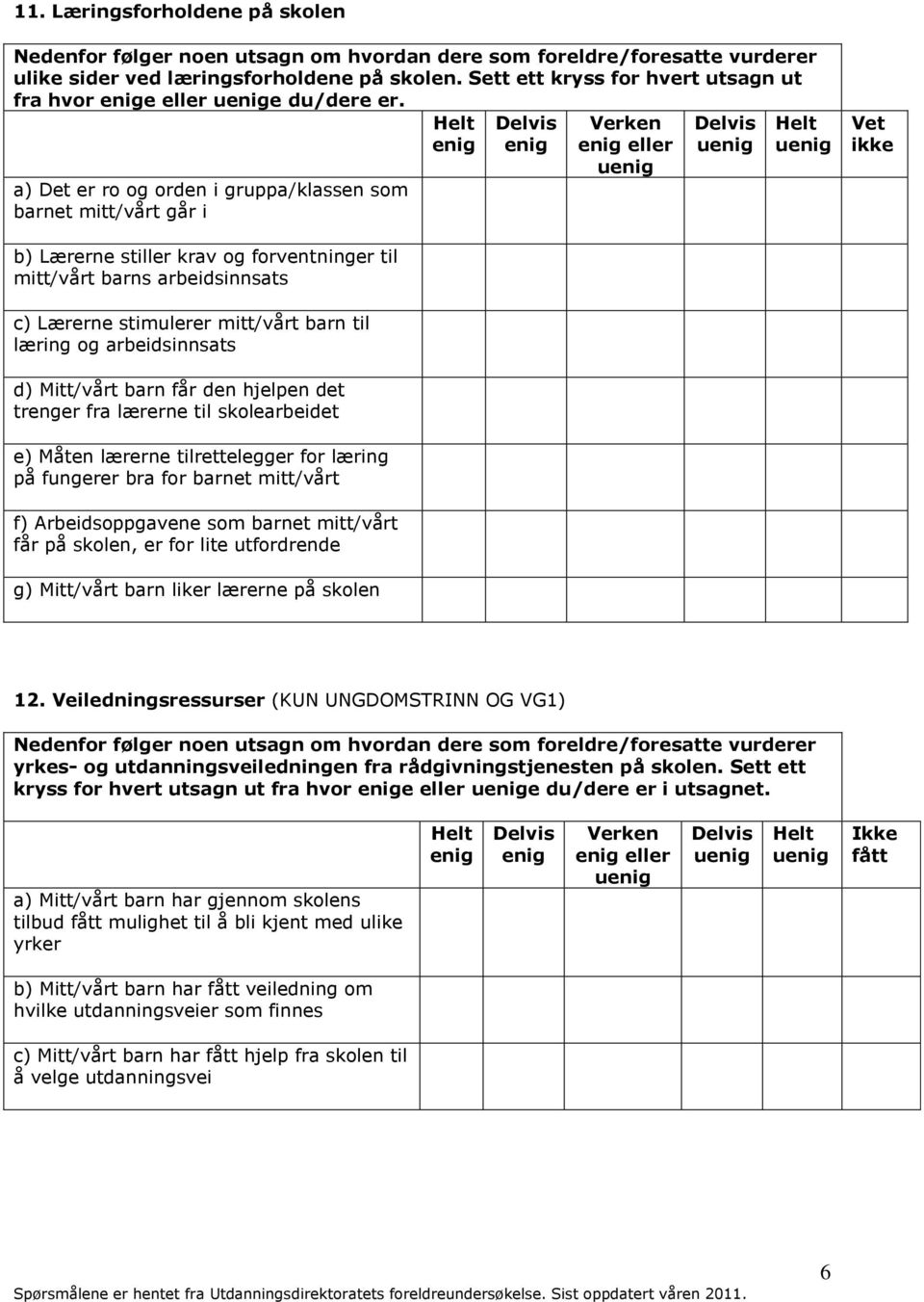 læring og arbeidsinnsats d) Mitt/vårt barn får den hjelpen det trenger fra lærerne til skolearbeidet e) Måten lærerne tilrettelegger for læring på fungerer bra for barnet mitt/vårt f)