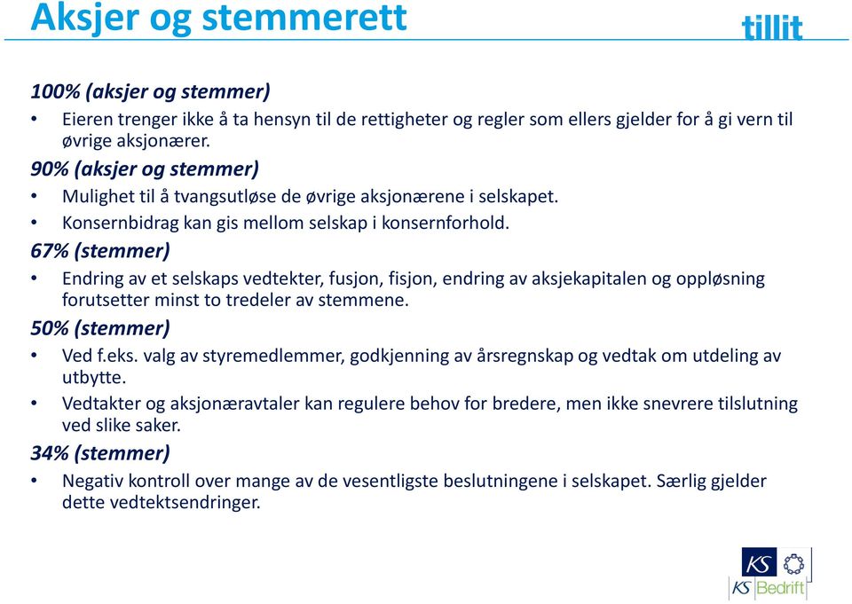 67% (stemmer) Endring av et selskaps vedtekter, fusjon, fisjon, endring av aksjekapitalen og oppløsning forutsetter tt minst tto tredeler av stemmene. 50% (stemmer) Ved f.eks.