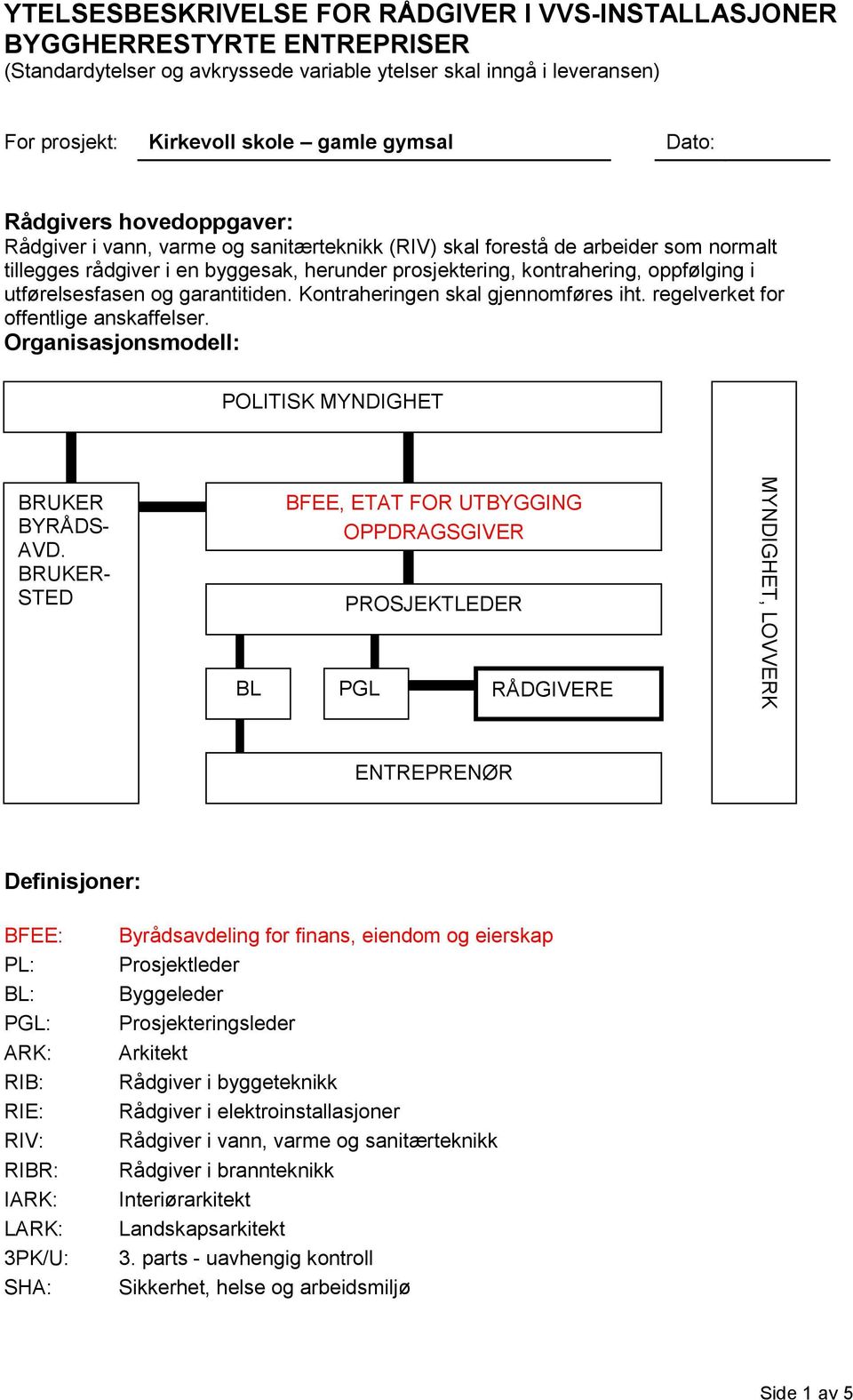 kontrahering, oppfølging i utførelsesfasen og garantitiden. Kontraheringen skal gjennomføres iht. regelverket for offentlige anskaffelser. Organisasjonsmodell: POLITISK MYNDIGHET BRUKER BYRÅDS- AVD.