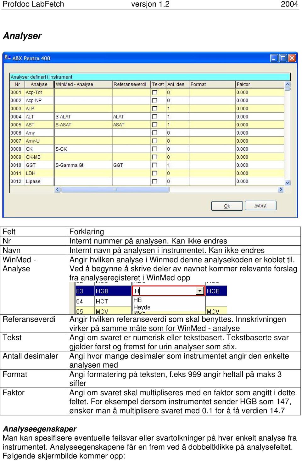 Ved å begynne å skrive deler av navnet kommer relevante forslag fra analyseregisteret i WinMed opp Referanseverdi Angir hvilken referanseverdi som skal benyttes.