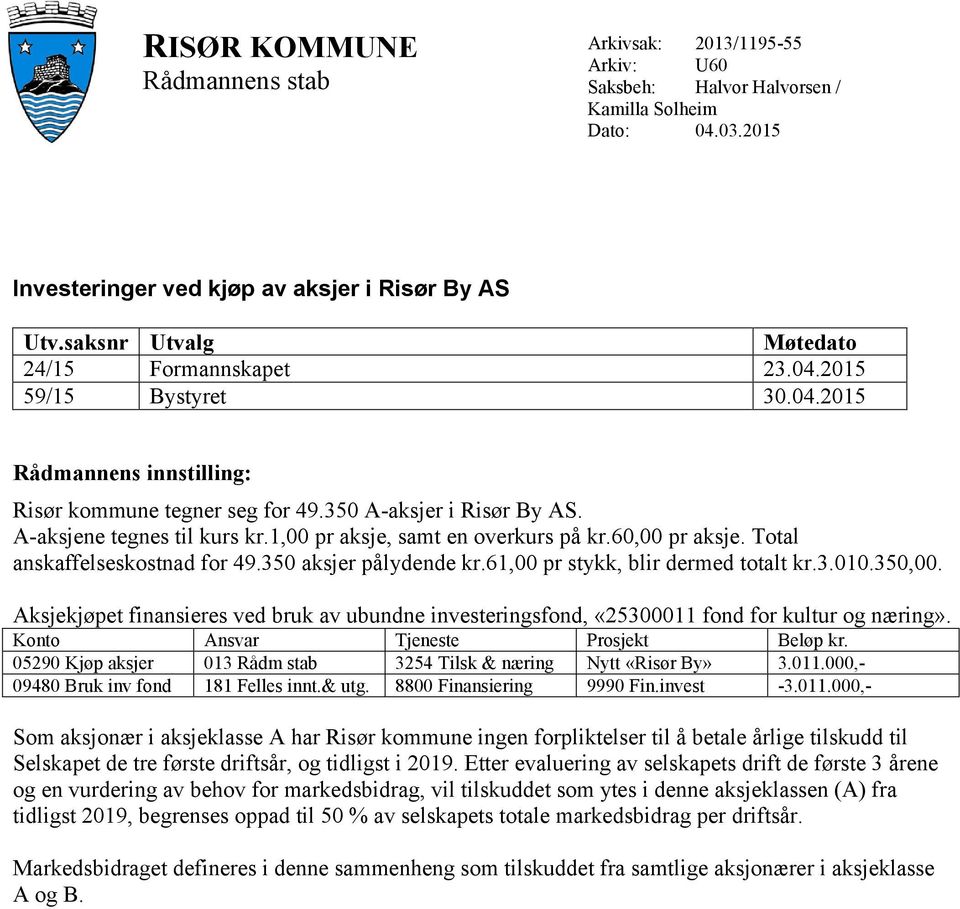 1,00 pr aksje, samt en overkurs på kr.60,00 pr aksje. Total anskaffelseskostnad for 49.350 aksjer pålydende kr.61,00 pr stykk, blir dermed totalt kr.3.010.350,00.