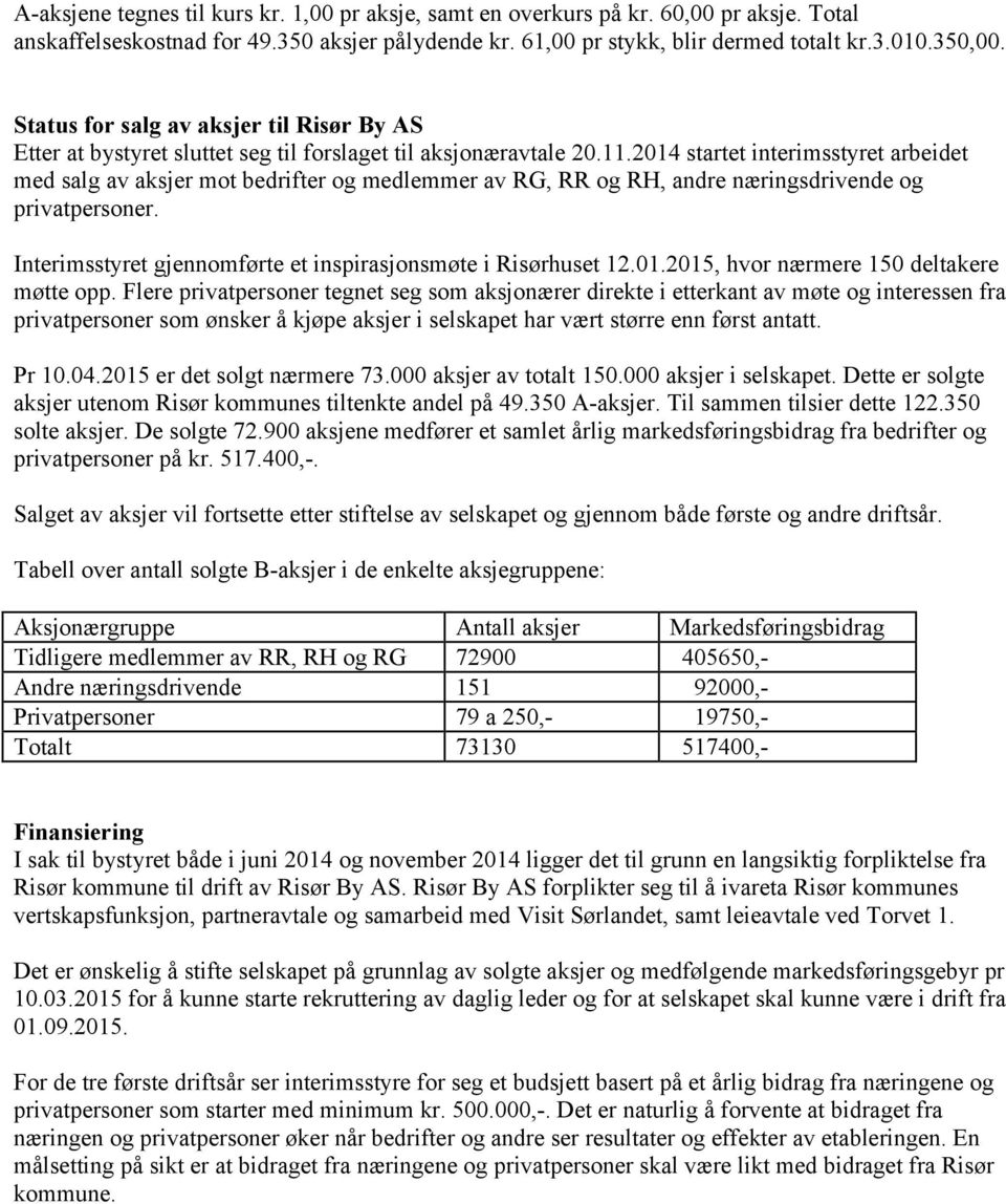 2014 startet interimsstyret arbeidet med salg av aksjer mot bedrifter og medlemmer av RG, RR og RH, andre næringsdrivende og privatpersoner.