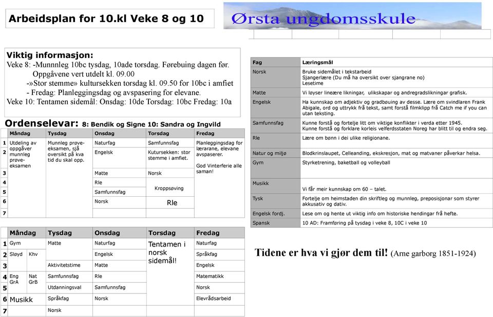 Veke 10: Tentamen sidemål: Onsdag: 10de Torsdag: 10bc Fredag: 10a Ordenselevar: 8: Bendik og Signe 10: Sandra og Ingvild Måndag Tysdag Onsdag Torsdag Fredag 1 Utdeling av Munnleg prøveeksamen, sjå