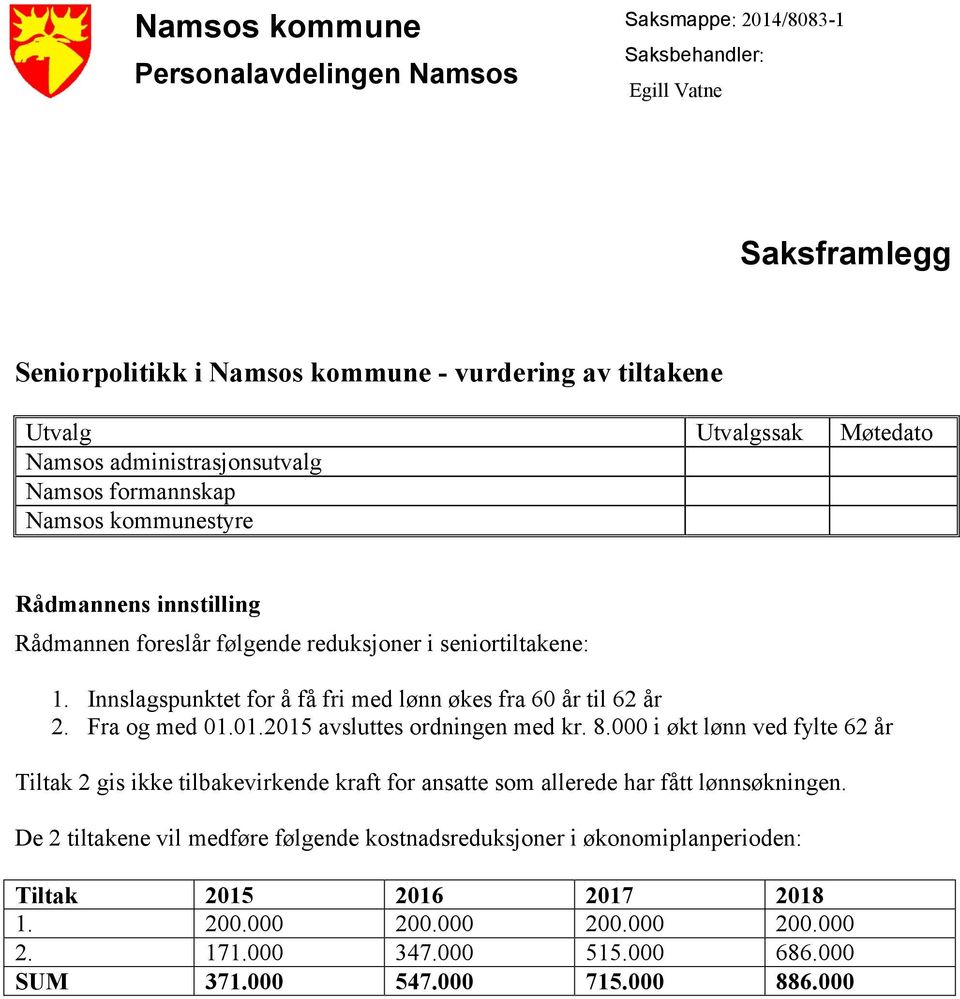 Innslagspunktet for å få fri med lønn økes fra 60 år til 62 år 2. Fra og med 01.01.2015 avsluttes ordningen med kr. 8.