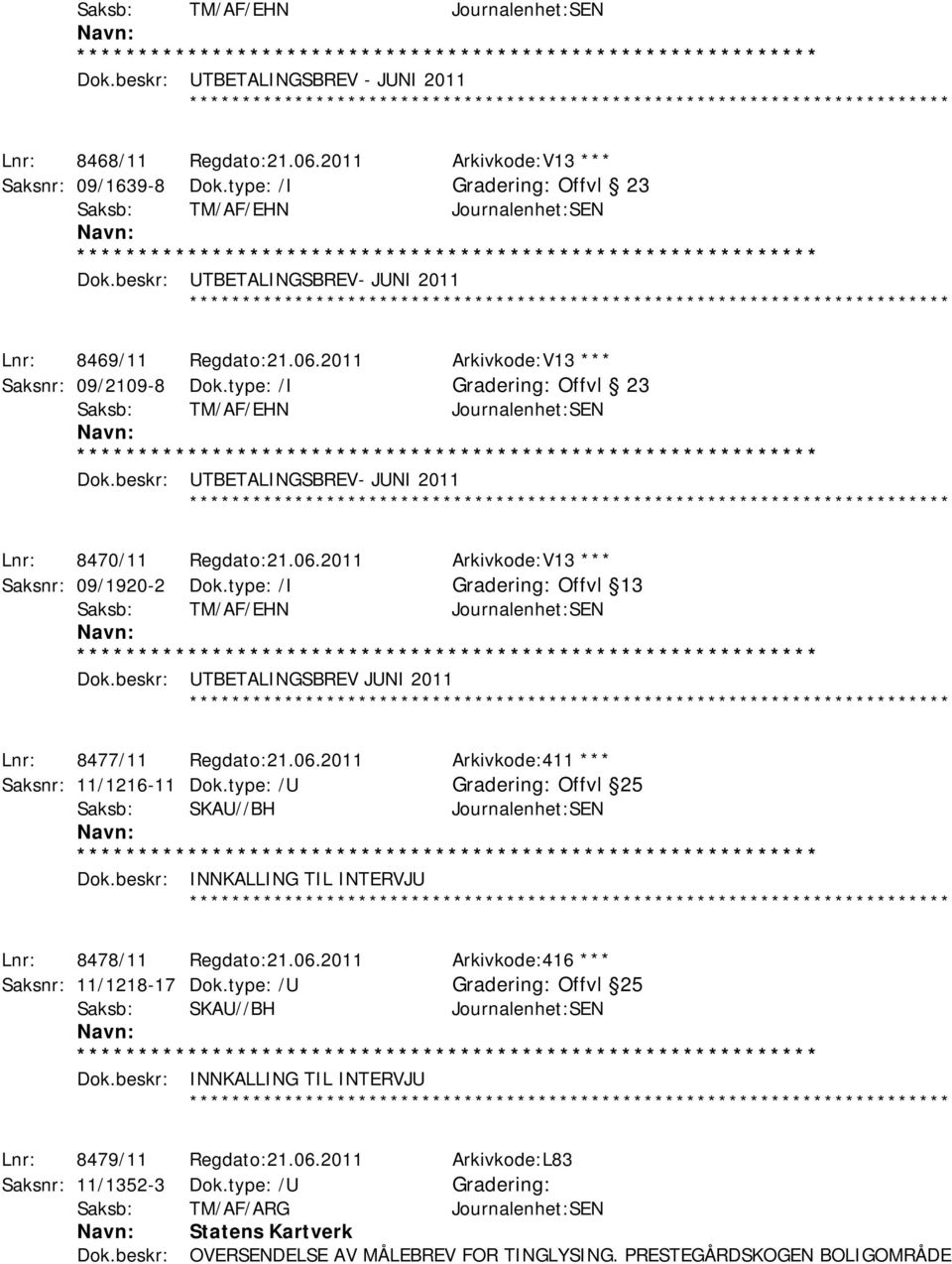 beskr: UTBETALINGSBREV JUNI 2011 ************ Lnr: 8477/11 Regdato:21.06.2011 Arkivkode:411 *** Saksnr: 11/1216-11 Dok.type: /U Offvl 25 Saksb: SKAU//BH Journalenhet:SEN Dok.