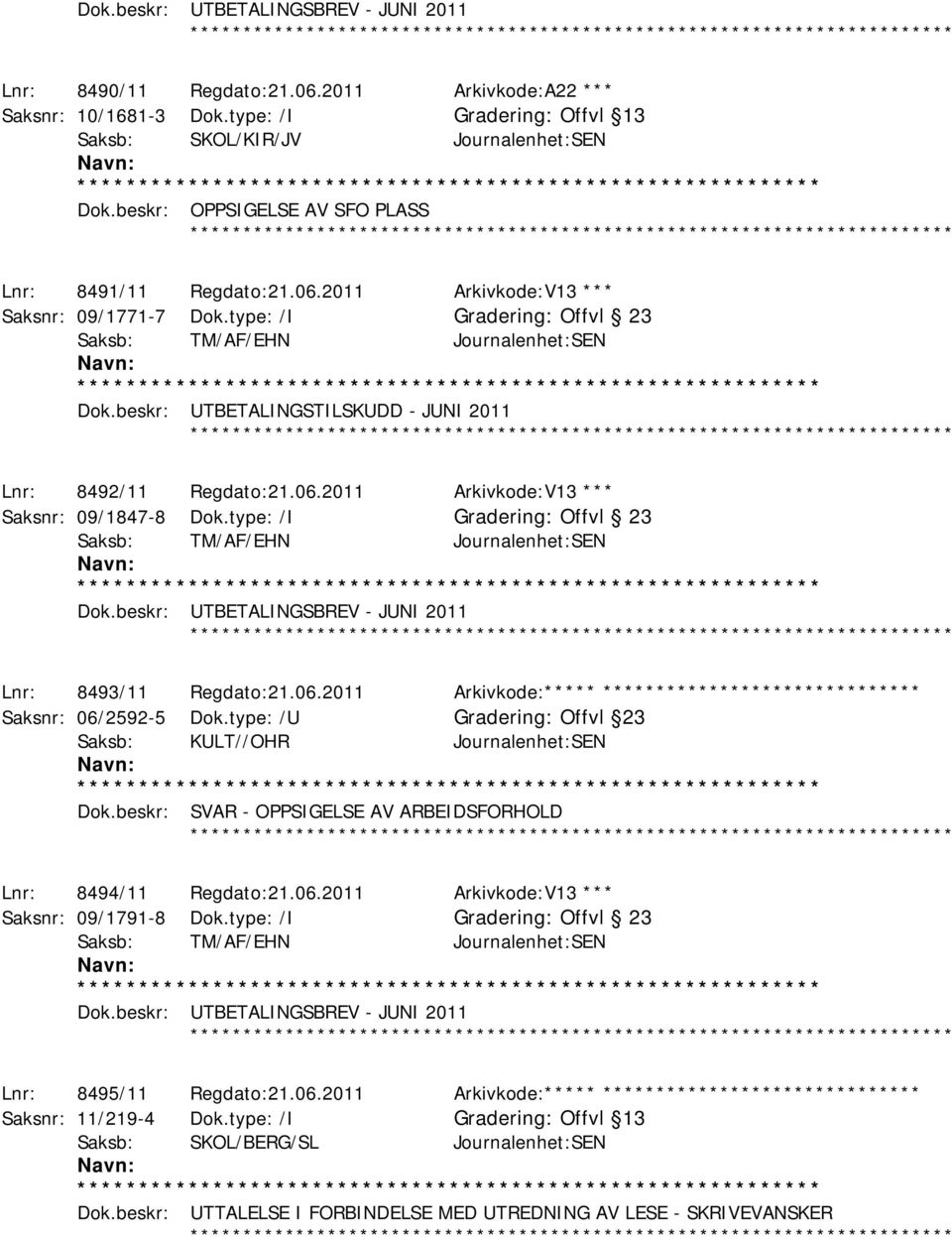 beskr: UTBETALINGSTILSKUDD - JUNI 2011 ************ Lnr: 8492/11 Regdato:21.06.2011 Arkivkode:V13 *** Saksnr: 09/1847-8 Dok.type: /I Offvl 23 ************ Lnr: 8493/11 Regdato:21.06.2011 Arkivkode:***** ****************************** Saksnr: 06/2592-5 Dok.