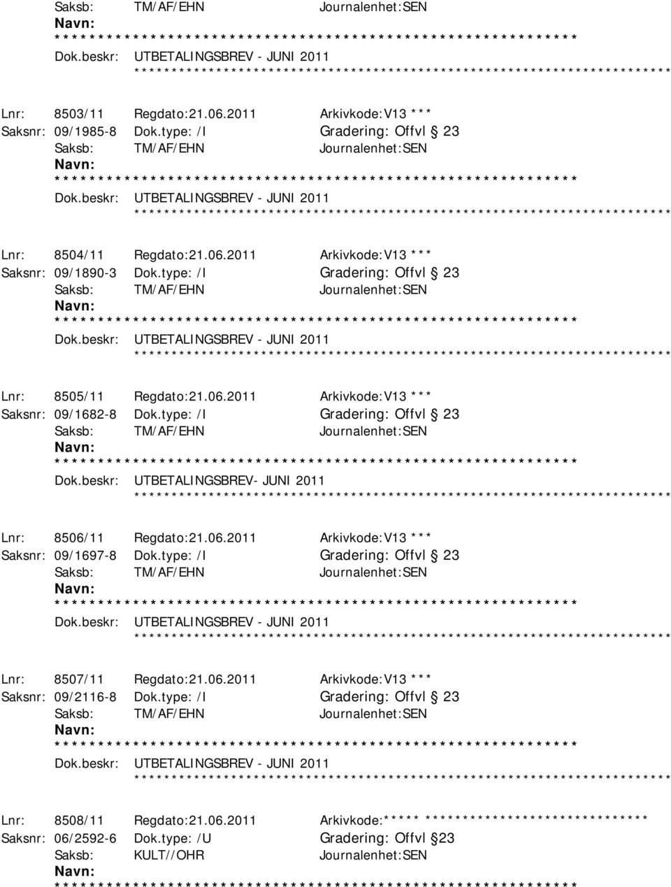 beskr: UTBETALINGSBREV- JUNI 2011 ************ Lnr: 8506/11 Regdato:21.06.2011 Arkivkode:V13 *** Saksnr: 09/1697-8 Dok.type: /I Offvl 23 ************ Lnr: 8507/11 Regdato:21.06.2011 Arkivkode:V13 *** Saksnr: 09/2116-8 Dok.