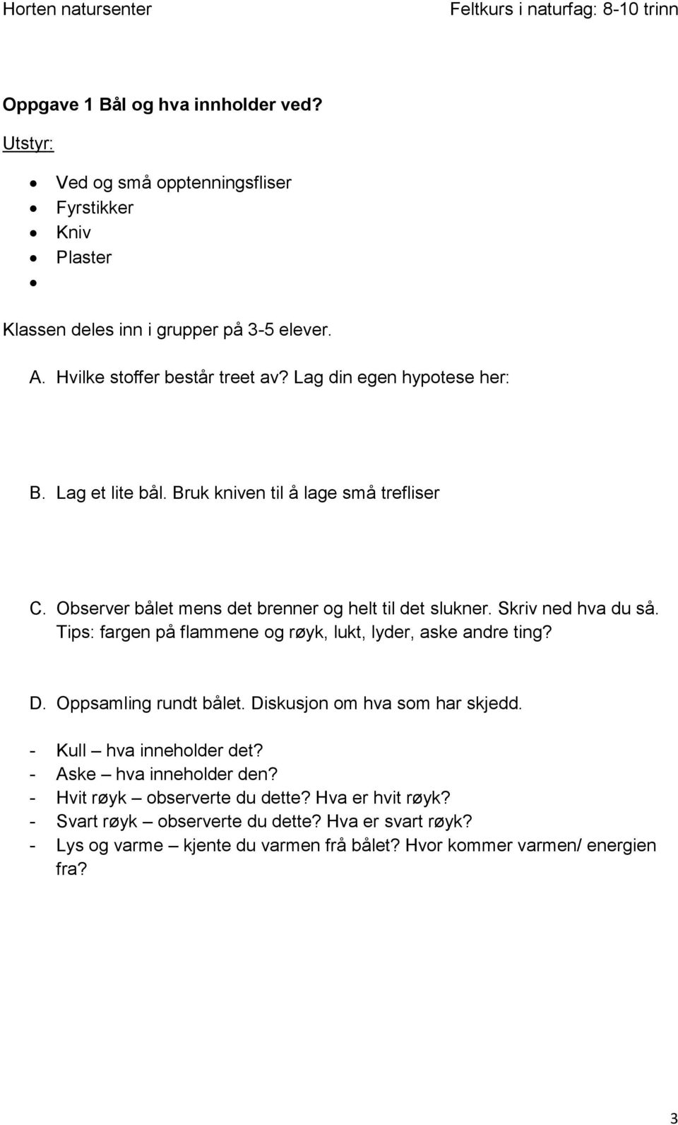 Tips: fargen på flammene og røyk, lukt, lyder, aske andre ting? D. Oppsamling rundt bålet. Diskusjon om hva som har skjedd. - Kull hva inneholder det?