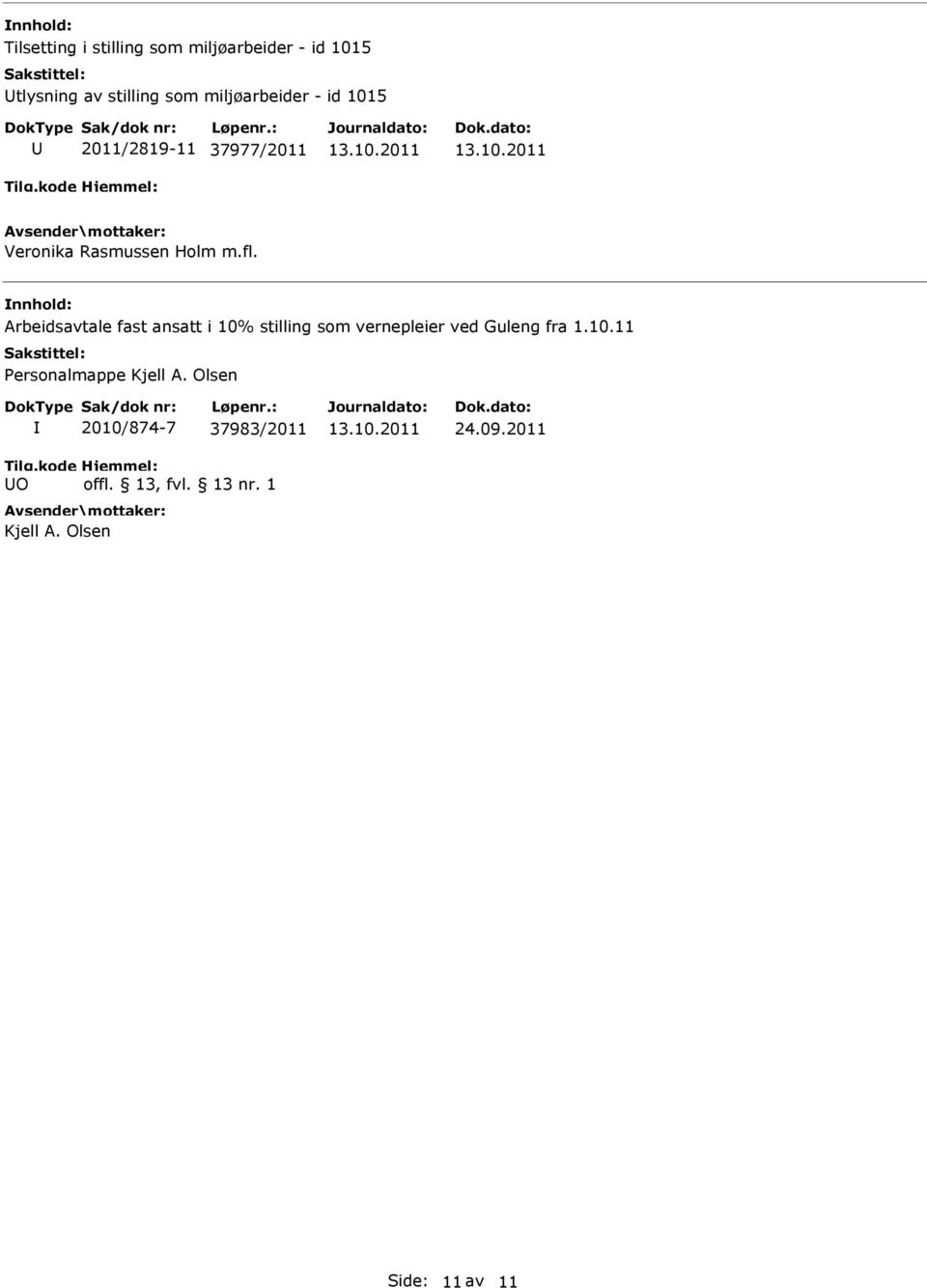 Arbeidsavtale fast ansatt i 10% stilling som vernepleier ved Guleng fra 1.10.11 Personalmappe Kjell A.