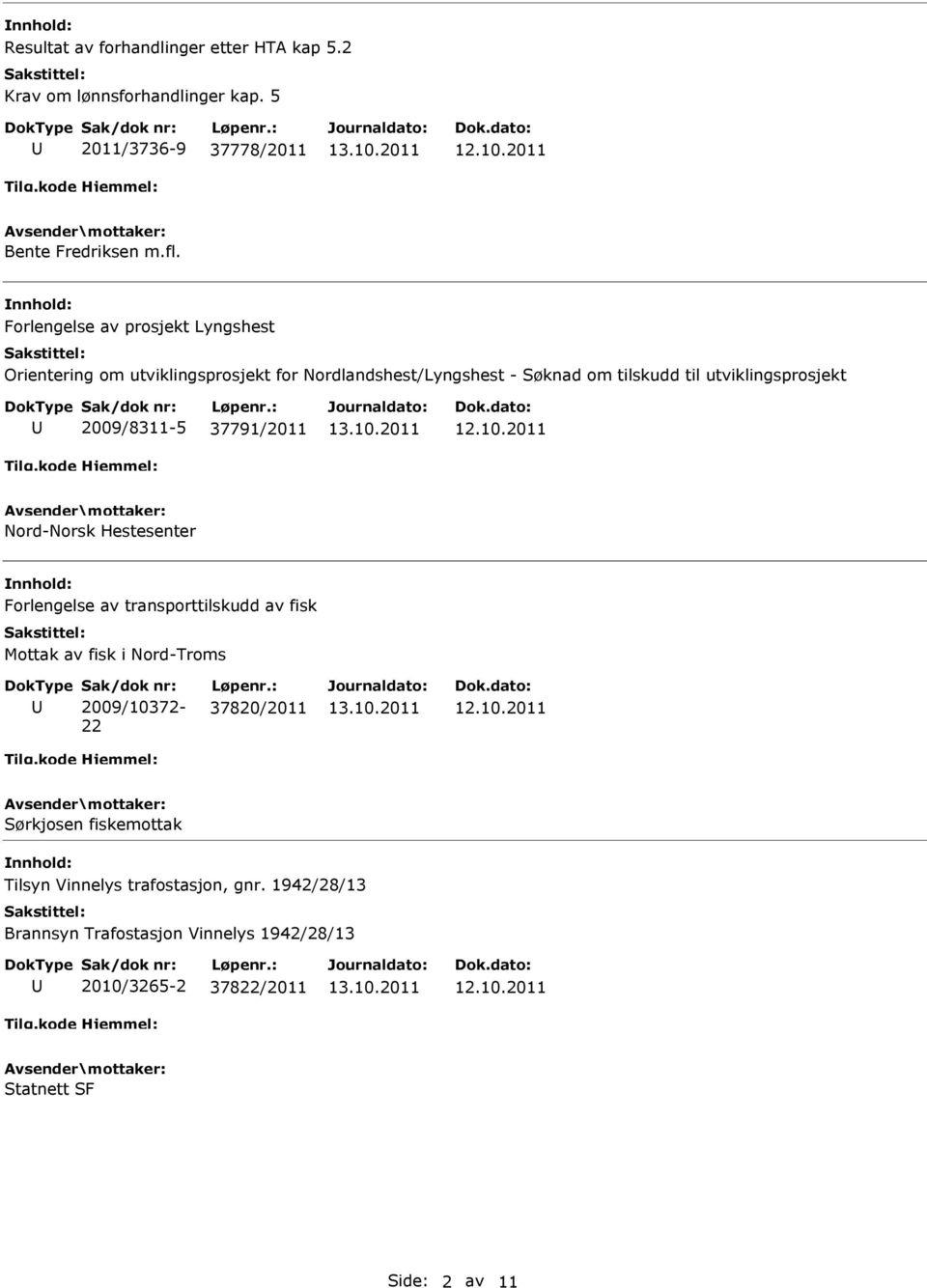 2009/8311-5 37791/2011 Nord-Norsk Hestesenter Forlengelse av transporttilskudd av fisk Mottak av fisk i Nord-Troms Sak/dok nr: 2009/10372-22