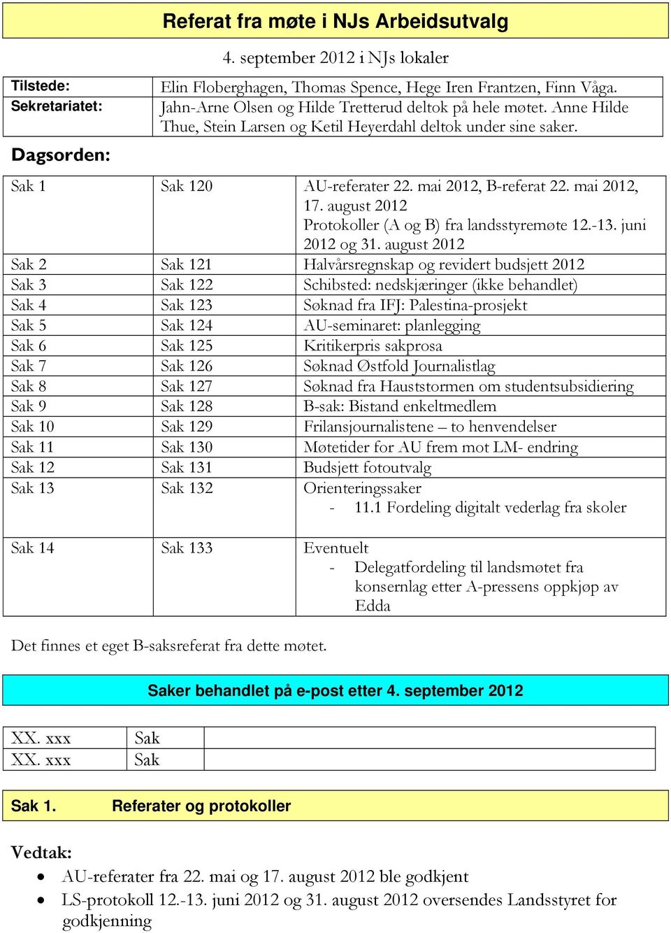 august 2012 Protokoller (A og B) fra landsstyremøte 12.-13. juni 2012 og 31.