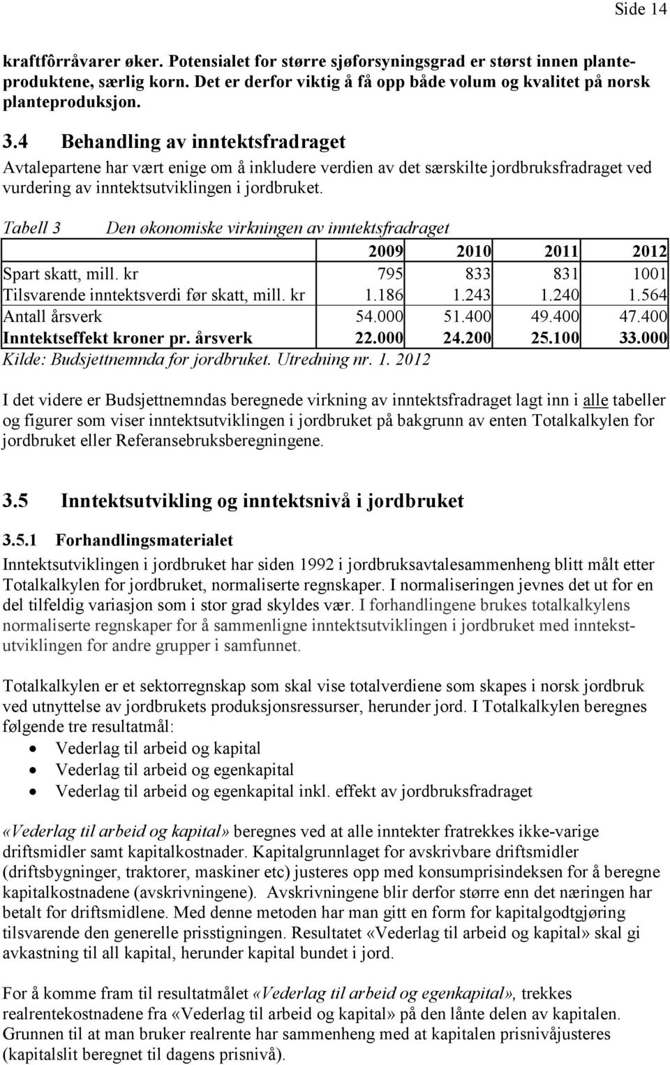 Tabell 3 Den økonomiske virkningen av inntektsfradraget 2009 2010 2011 2012 Spart skatt, mill. kr 795 833 831 1001 Tilsvarende inntektsverdi før skatt, mill. kr 1.186 1.243 1.240 1.
