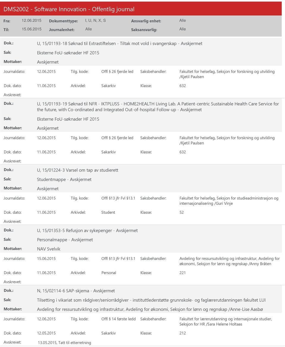 A Patient-centric Sustainable Health Care Service for the future, with Co-ordinated and Integrated Out-of-hospital Follow-up - Eksterne Fo-søknader HF 2015 Offl 26 fjerde led Fakultet for helsefag,