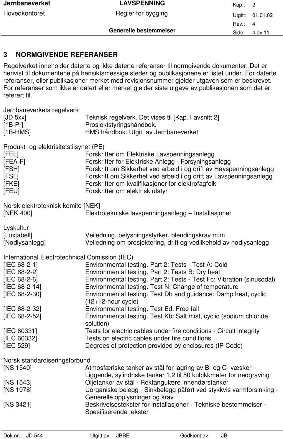 For referanser som ikke er datert eller merket gjelder siste utgave av publikasjonen som det er referert til. Jernbaneverkets regelverk [JD 5xx] Teknisk regelverk. Det vises til [Kap.