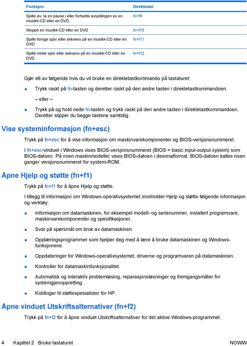 deretter raskt på den andre tasten i direktetastkommandoen. eller Trykk på og hold nede fn-tasten og trykk raskt på den andre tasten i direktetastkommandoen.